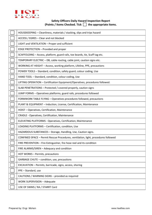 Report - Safety Officer Daily Hazard Inspection Report_2 Safety Officer Daily Hazard Inspection Report