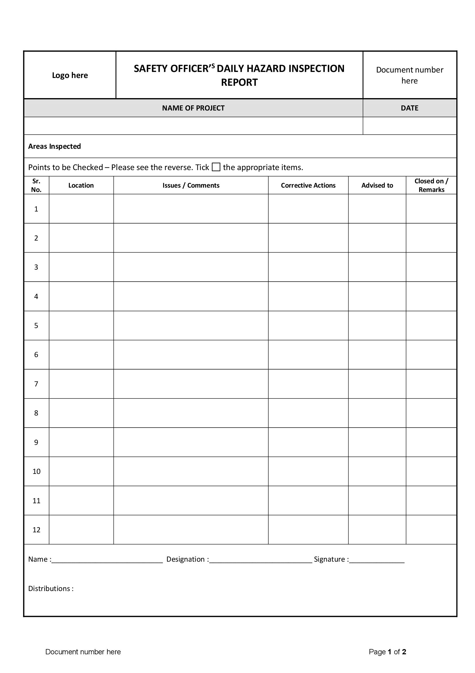 Safety Officer Daily Hazard Inspection Report Hsefiles Com
