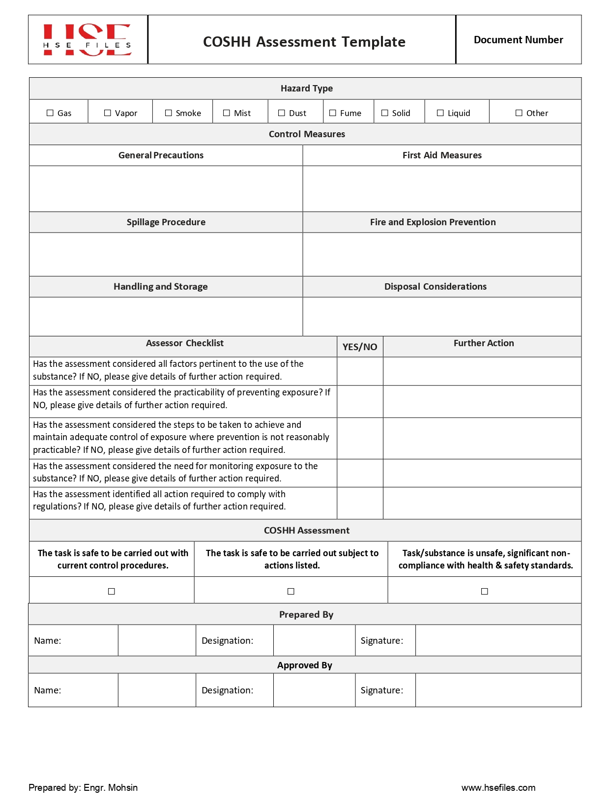 COSHH Assessment Template - Hsefiles.com