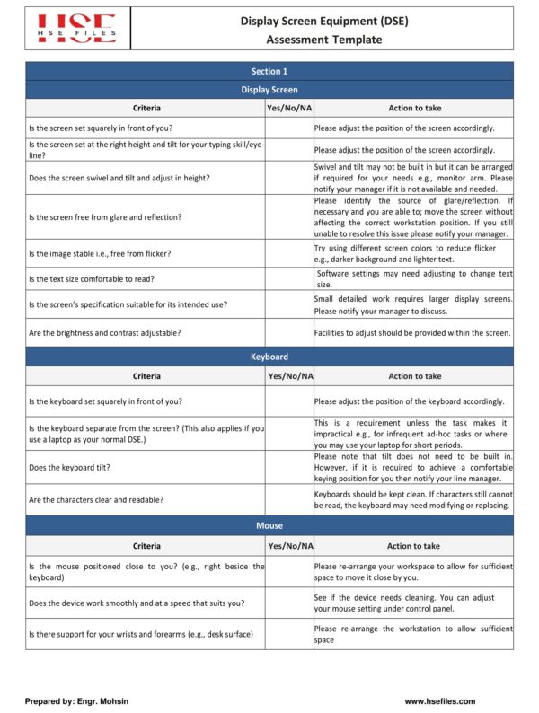 Display Screen Equipment Assessment Template-2 Display Screen Equipment (DSE) Assessment Template