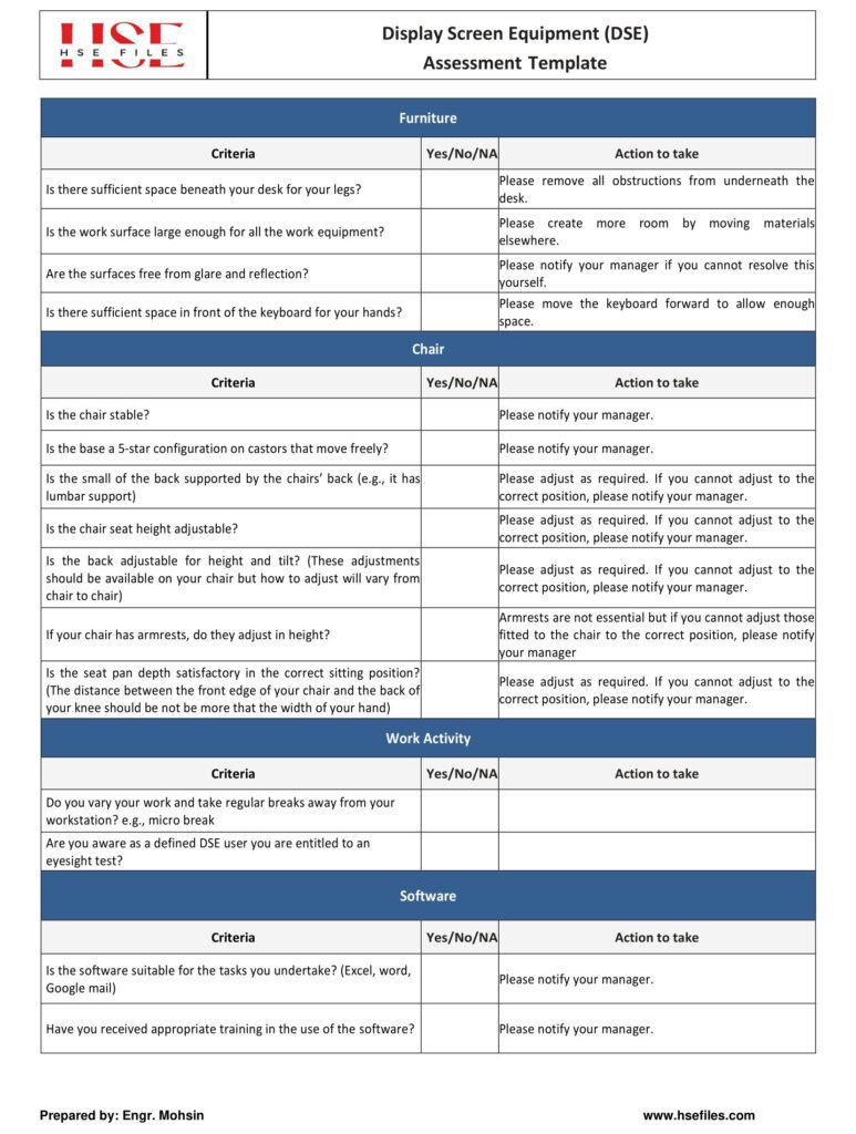 Display Screen Equipment (DSE) Assessment Template - hsefiles.com