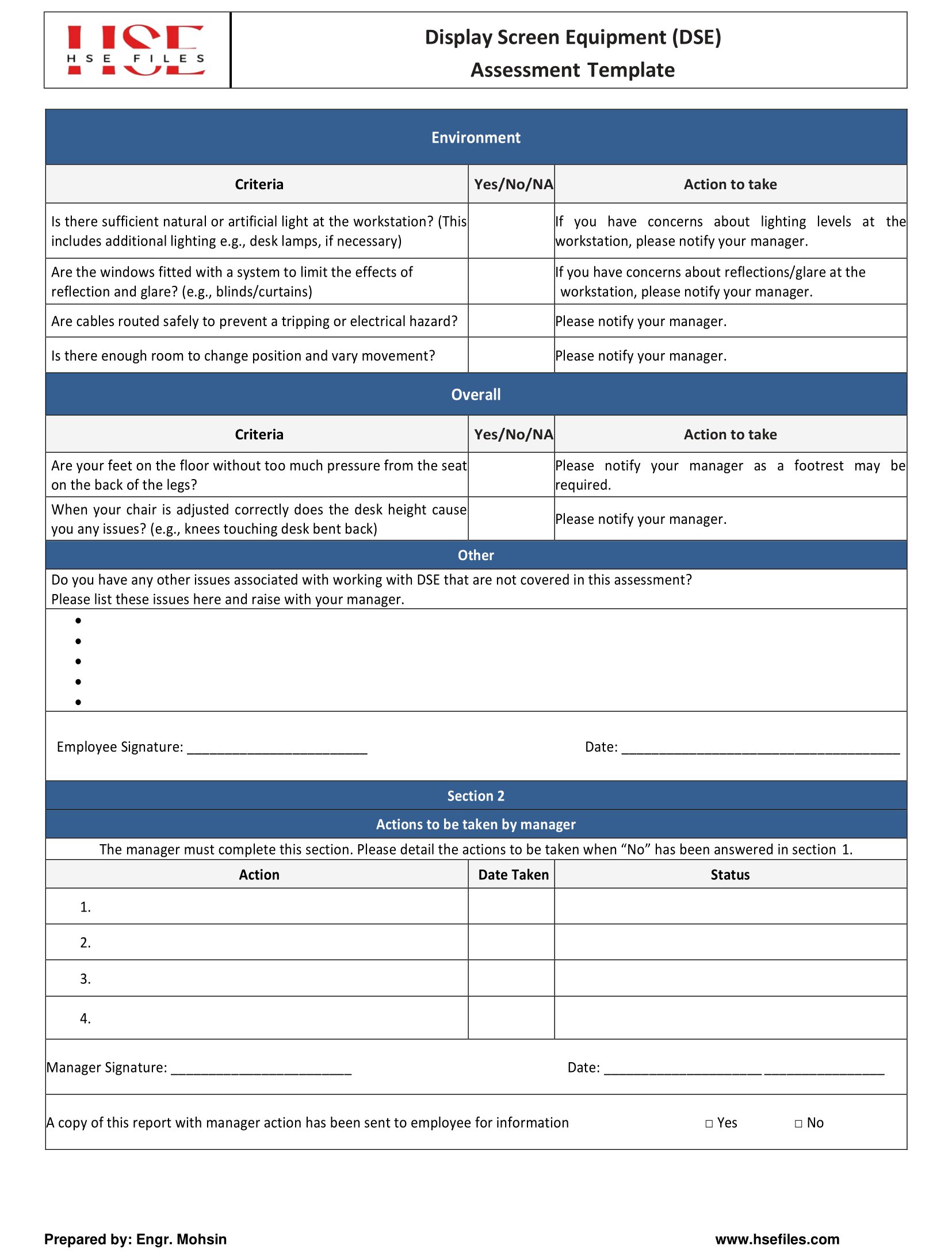 Display Screen Equipment (DSE) Assessment Template